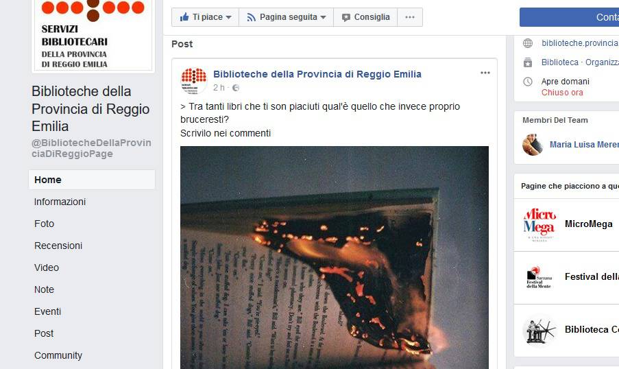 Le Biblioteche di Reggio su Facebook: “Quale libro bruceresti?”. Scoppia la polemica