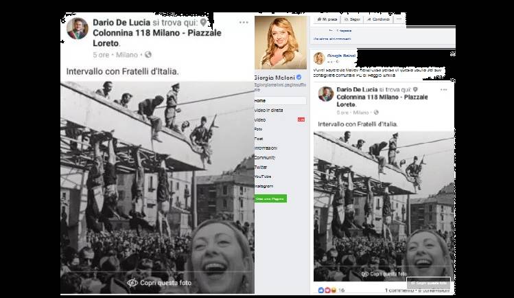 Post choc di De Lucia: la Meloni con il cadavere di Mussolini a piazzale Loreto